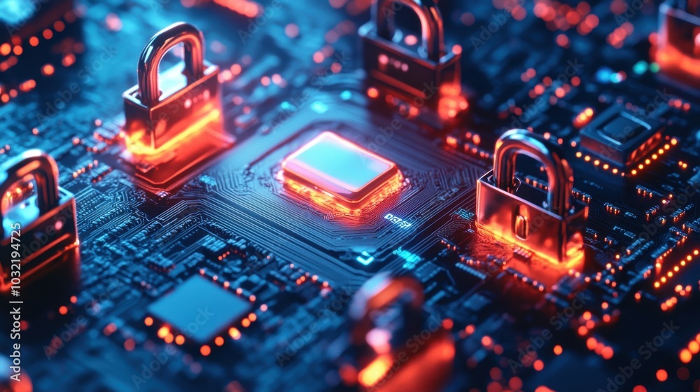 Poster high-tech digital network with privacy locks and decryption keys, showcasing cybersecurity solutions