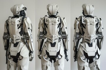 White exoskeleton suit standing and showing the back from three different angles