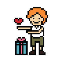 Naklejka premium Cute pixel cartoon 8bit character man give gift box birthday christmas bonus reward surprise decoration 8 bit male boy give gift box shopping bonus christmas day game png vector.