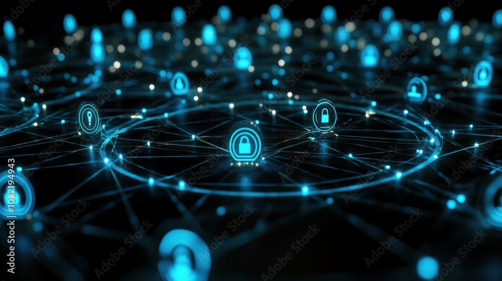 Poster high-tech digital network with privacy locks and decryption keys, showcasing cybersecurity solutions