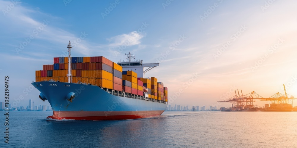 Wall mural container ship at sunset near port