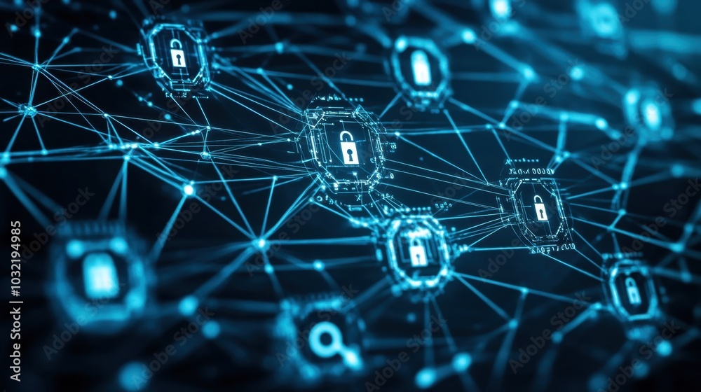 Poster high-tech digital network with privacy locks and decryption keys, showcasing cybersecurity solutions