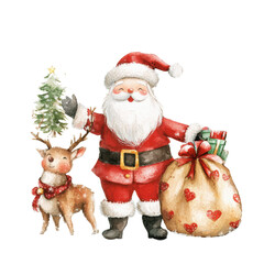 Santa Claus and a reindeer with gifts celebrating Christmas cheer
