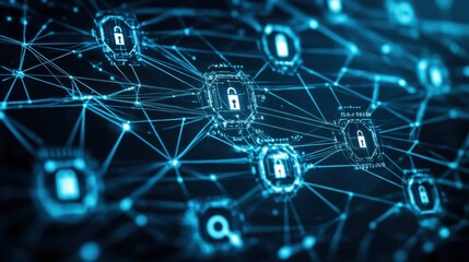 High-tech digital network with privacy locks and decryption keys, showcasing cybersecurity solutions and encrypted data flow