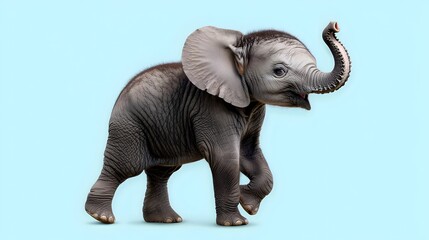 Obraz premium Playful Baby Elephant Raising Trunk on Pastel Blue Background