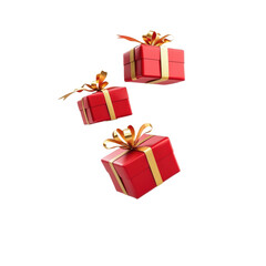 Fototapeta premium Colorful red gift boxes with golden ribbons floating in the air