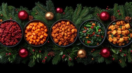 A festive display of colorful side dishes on a bed of greenery and ornaments, perfect for holiday celebrations.