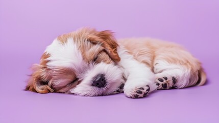 Adorable Fluffy Puppy Curled Up for a Peaceful Nap on Pastel Lavender Background