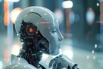 Futuristic female robot is thinking about something in a laboratory with blue lights