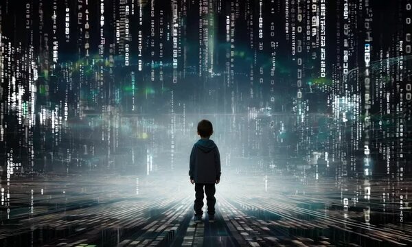 little boy on binary code background in digital world