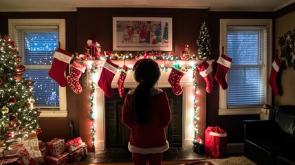 A little girl in a Santa suit, standing by a fireplace decorated with stockings and holiday lights, ready for Christmas.