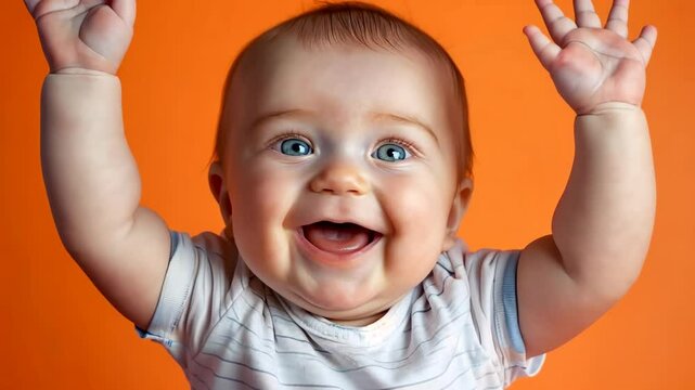 Adorable Baby Smiling With Raised Hands, Orange Background, Joyful Infant Expression, High-Resolution Photography, Happy Child Celebration, Perfect For Holiday Cards And Children's Advertisements