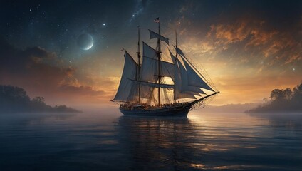sailing ship at sunset