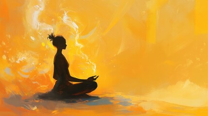 Meditating character, thoughts depicted as smoke, creating a peaceful scene against a sunny yellow background.