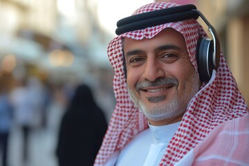Cheerful middle eastern man listening to music with wireless headphones and singing, Generative AI