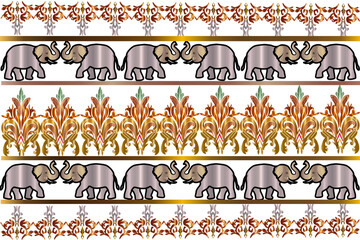 Fabric texture pattern with elephant shape and damask pattern. White background illustration, water, wallpaper border.
