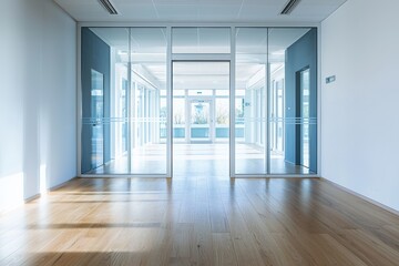 Fototapeta premium A modern office space featuring glass walls and wooden flooring, designed for collaboration and productivity.