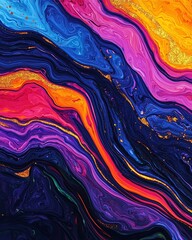 A vibrant abstract pattern featuring flowing waves of colors, including blue, purple, pink, and orange, creating a dynamic and visually striking composition.