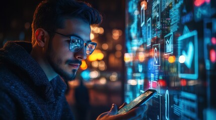 Fototapeta premium Man Engaging with Social Media on Smartphone at Night