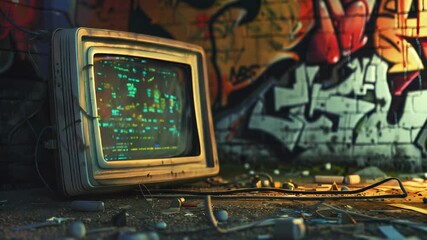 The Algorithmic Anarchist: A graffiti-covered wall, illuminated by the glow of a hidden computer monitor, strewn about on the ground