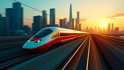 High-speed train with blurred high-speed background travels in the city in the evening.