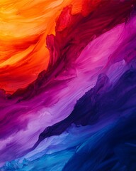 A vibrant abstract painting featuring swirling colors of orange, pink, purple, and blue, creating a dynamic and uplifting visual experience.