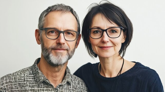 Middle aged couple over isolated white background with glasses