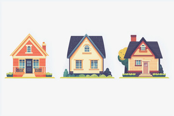 Three houses with different colors and designs. The houses are all different sizes and have different features. The first house is yellow, the second is white, and the third is blue