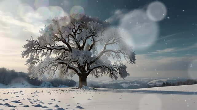 A big tree on a hill during winter. Seamless 4K looping timelapse video animation background