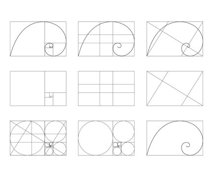 A set of golden ratio templates. Signs of Fibonacci sequence. Logarithmic spiral in a rectangular frame, divided into lines, squares and circles. Ideal symmetry proportions diagram.  Set of Vector Gra