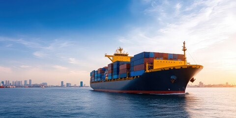 Container Ship Sailing at Sunset Over Calm Waters