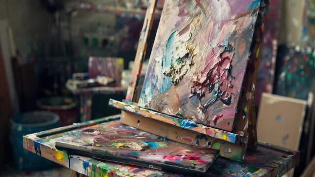 The Digital Dreamweaver: A painter's easel, covered in digital art, with a tablet resting on top