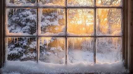 Naklejka premium A window with snow-covered panes and icicles, sunlight shining through.