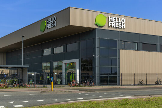 Hello Fresh logo sign on the distribution center in Bleiswijk. HelloFresh is an internationally operating company that delivers meal boxes to your home. Bleiswijk, the Netherlands. 1 May 2024. 