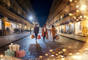 Three women shopping at night in Paris. Blurry background with bokeh lights.