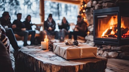 Group of friends giving gifts to one another, with a fireplace and holiday decorations creating a festive Christmas vibe.