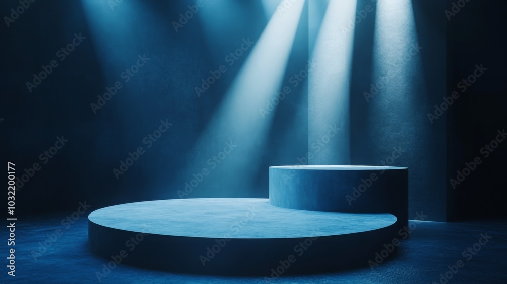 Fototapete a circular stage rests in a dimly lit venue, surrounded by soft blue lights streaming down from abov