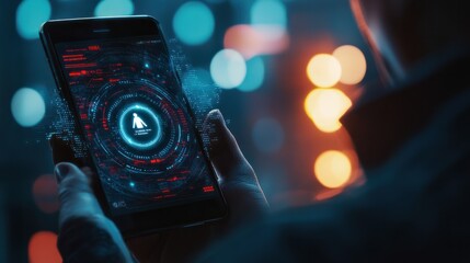Person holding smartphone with digital hologram icon of a user profile in a futuristic tech interface