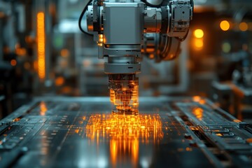 A robotic arm in a factory setting is assembling a circuit board with a bright orange glow.