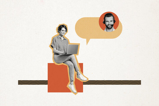 Composite trend artwork sketch collage of headphones support online help call center service man young lady customer work laptop chatting