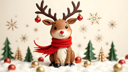 Cute reindeer with red scarf and festive baubles in a snowy Christmas scene