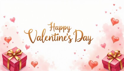 Valentine's Day postcard with pink gift boxes and heart decorations