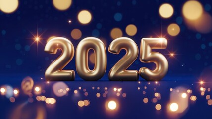 Gold numbers 2025 with sparkling bokeh lights on a blue background.