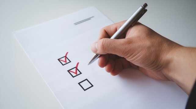 Hand checking items on a checklist with a pen, white isolated background.