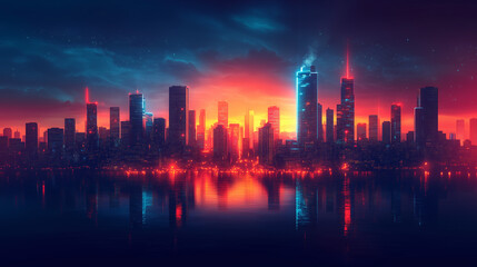 Fototapeta premium A sunset backdrop highlights a neon-filled futuristic city, with high-rise buildings and deep contrasting shadows, perfect for a cyberpunk aesthetic.