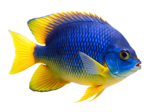 Yellowtail Damselfish (fish) swimming, isolated on a white background