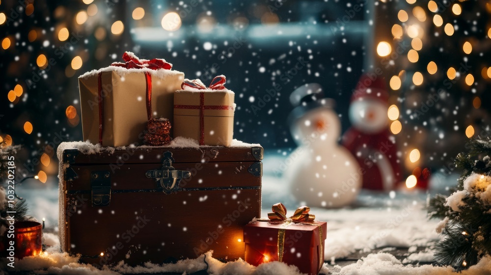 Aufkleber Presents wrapped in festive paper are placed on a rustic trunk surrounded by snow, with softly glowing lights and a cheerful snowman in the background on a magical winter evening.