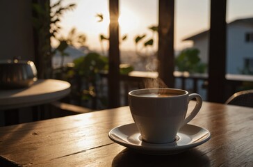 Morning Coffee with Sunrise - Warm Beverage on a Cozy Balcony Setting