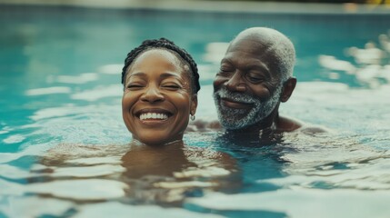Senior black couple in swimming pool. Portrait of happy mature woman and man in sport activity. Active adult people swim in swimming pool. Water exercise and fun. Elderly swimmers. Aqua retired sport