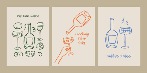 Vector hand painted trendy Italian wine glasses and bottle outline illustration print. Elegant flat minimalist hand drawn modern art poster composition